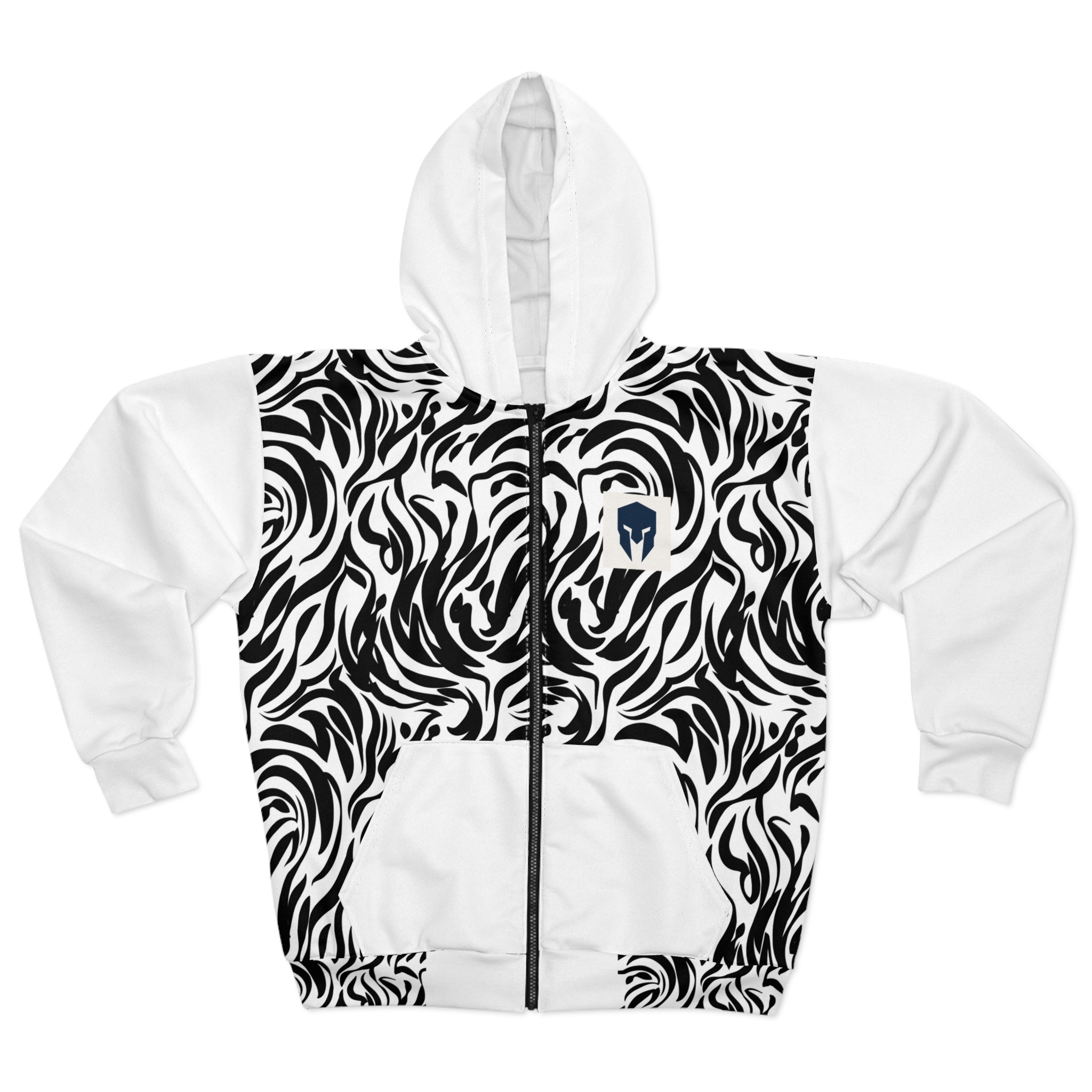 Black & White Swirl Zip Hoodie — Abstract All-Over Print Hoodie