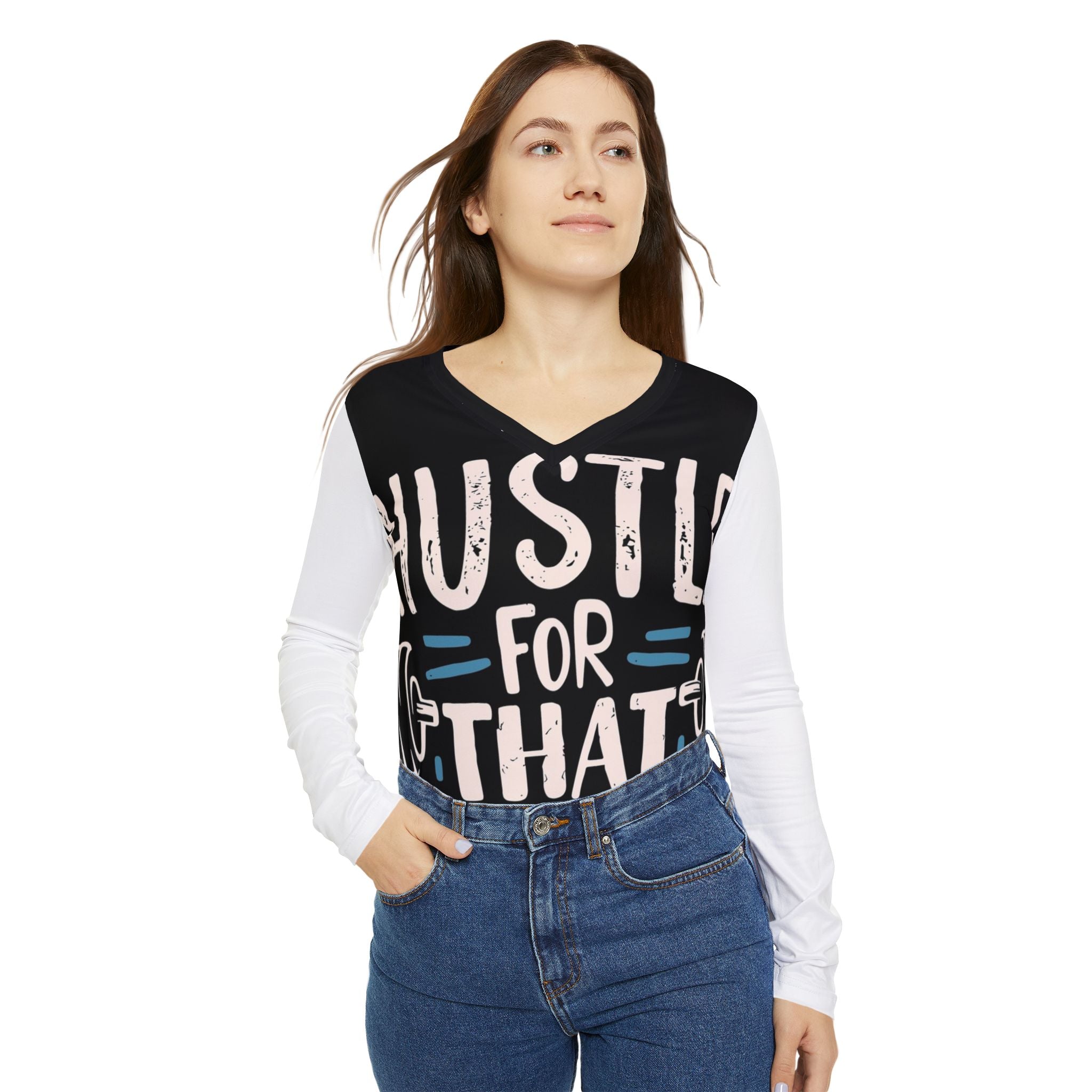 Hustle For That Muscle Women's Long Sleeve V‑Neck Fitness Tee