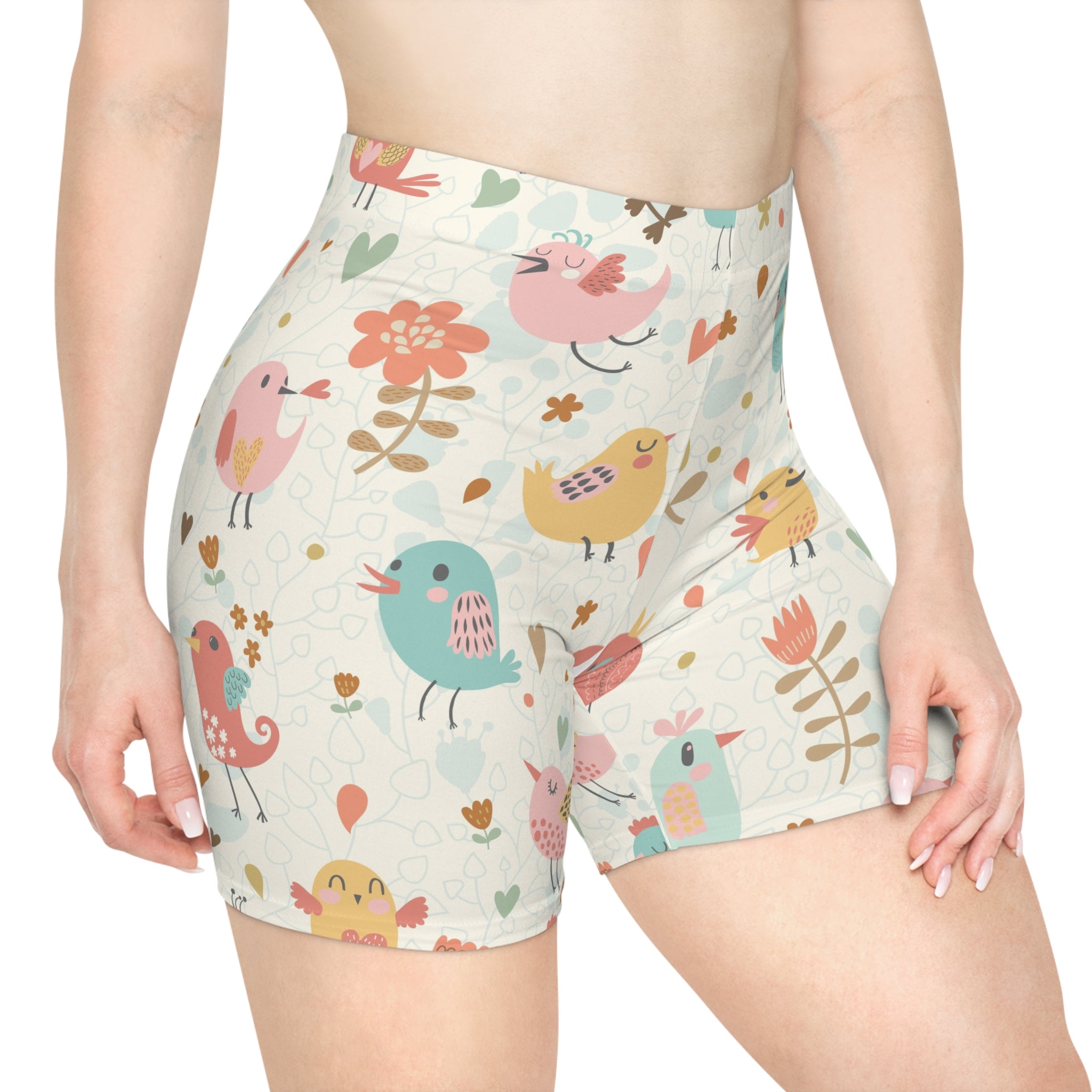 Birdprint Biker Shorts — Cute Pastel Cartoon Birds Pattern
