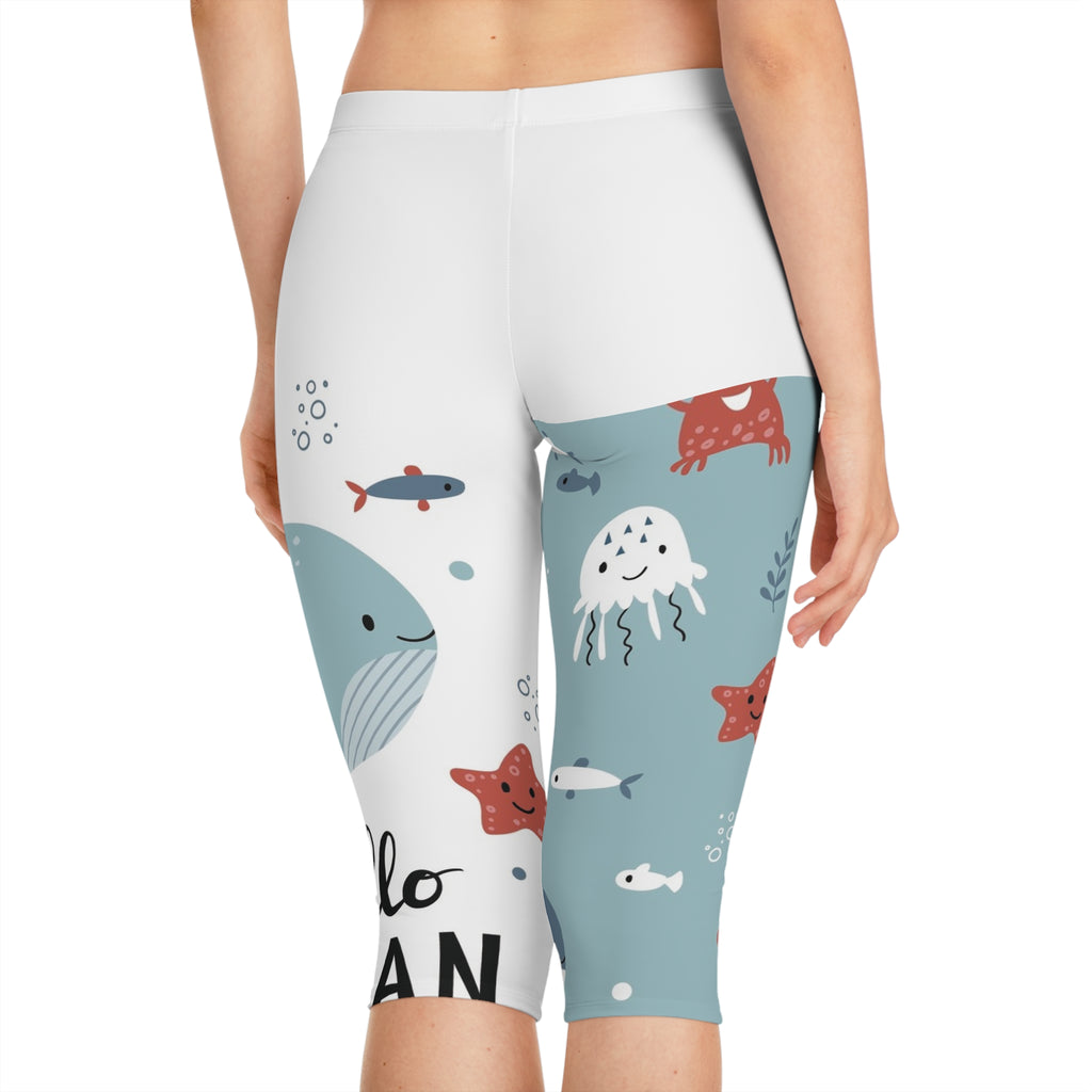 Kids’ Capri Leggings - Cute Ocean Animals “Hello Ocean” Print