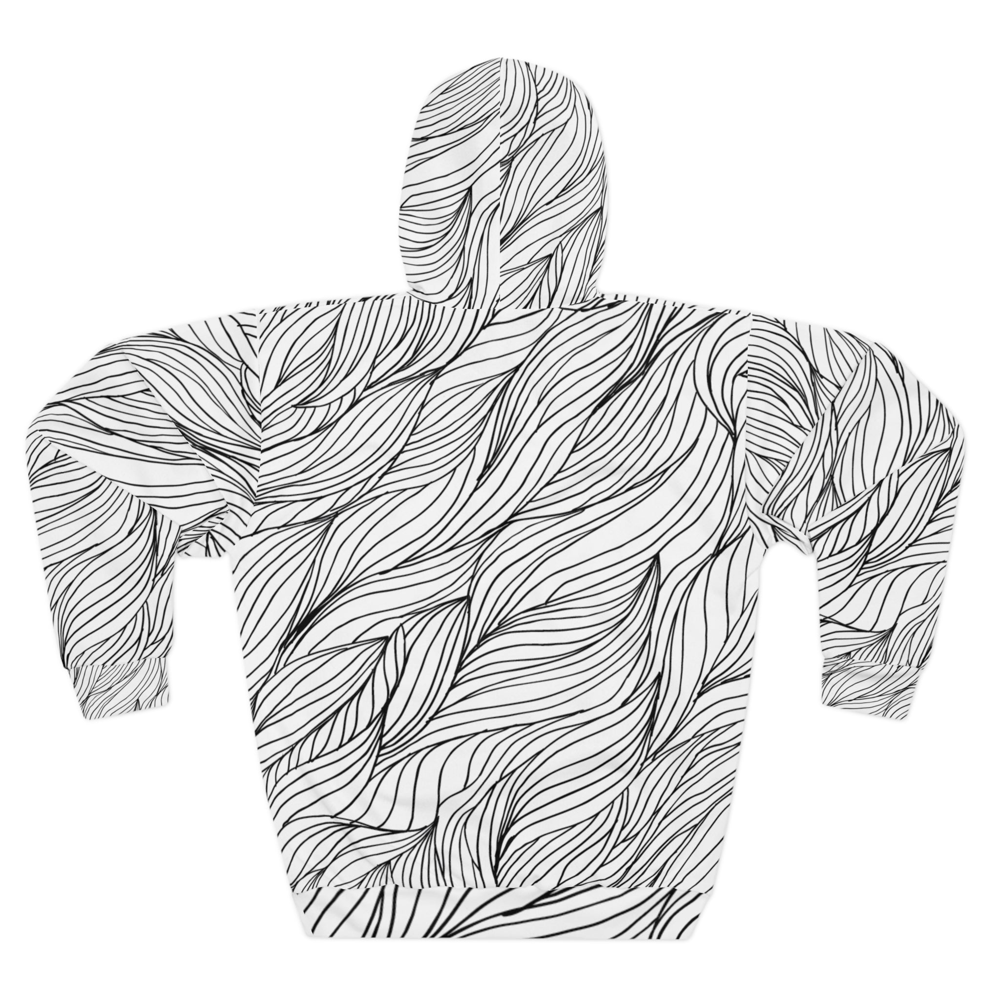 Flowing Line Art Hoodie — Monochrome Wave Pattern Pullover