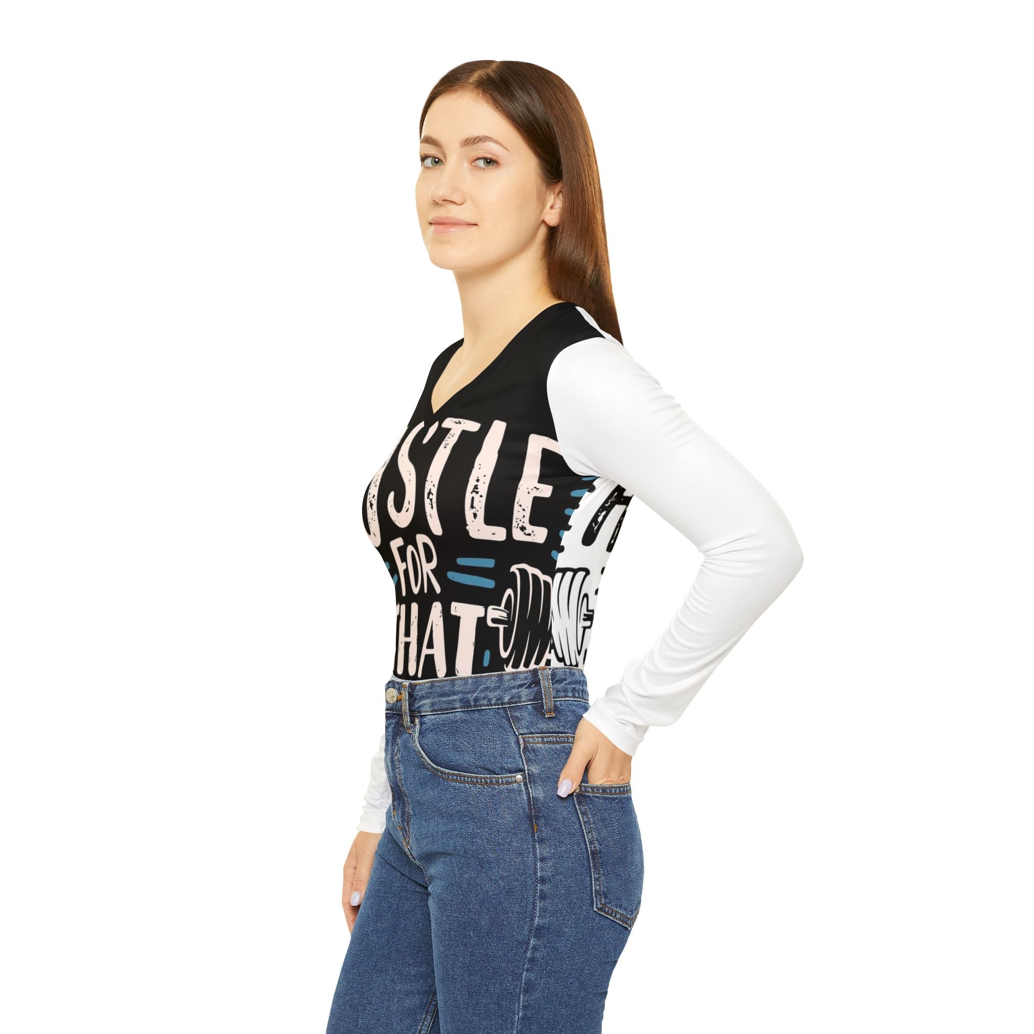 Hustle For That Muscle Women's Long Sleeve V‑Neck Fitness Tee