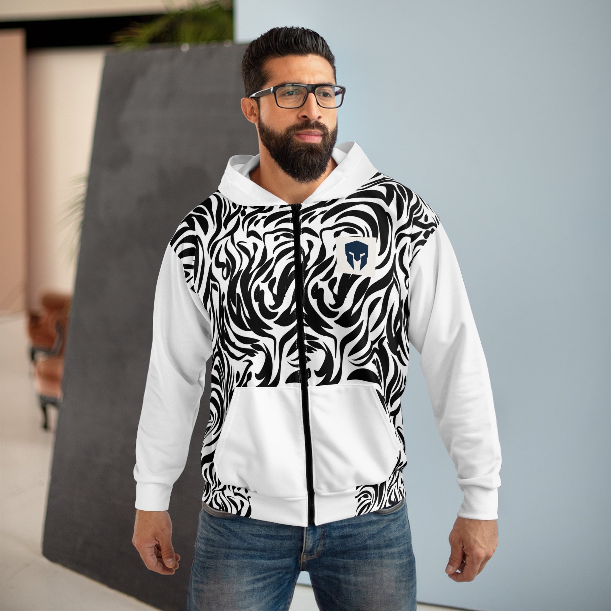 Black & White Swirl Zip Hoodie — Abstract All-Over Print Hoodie