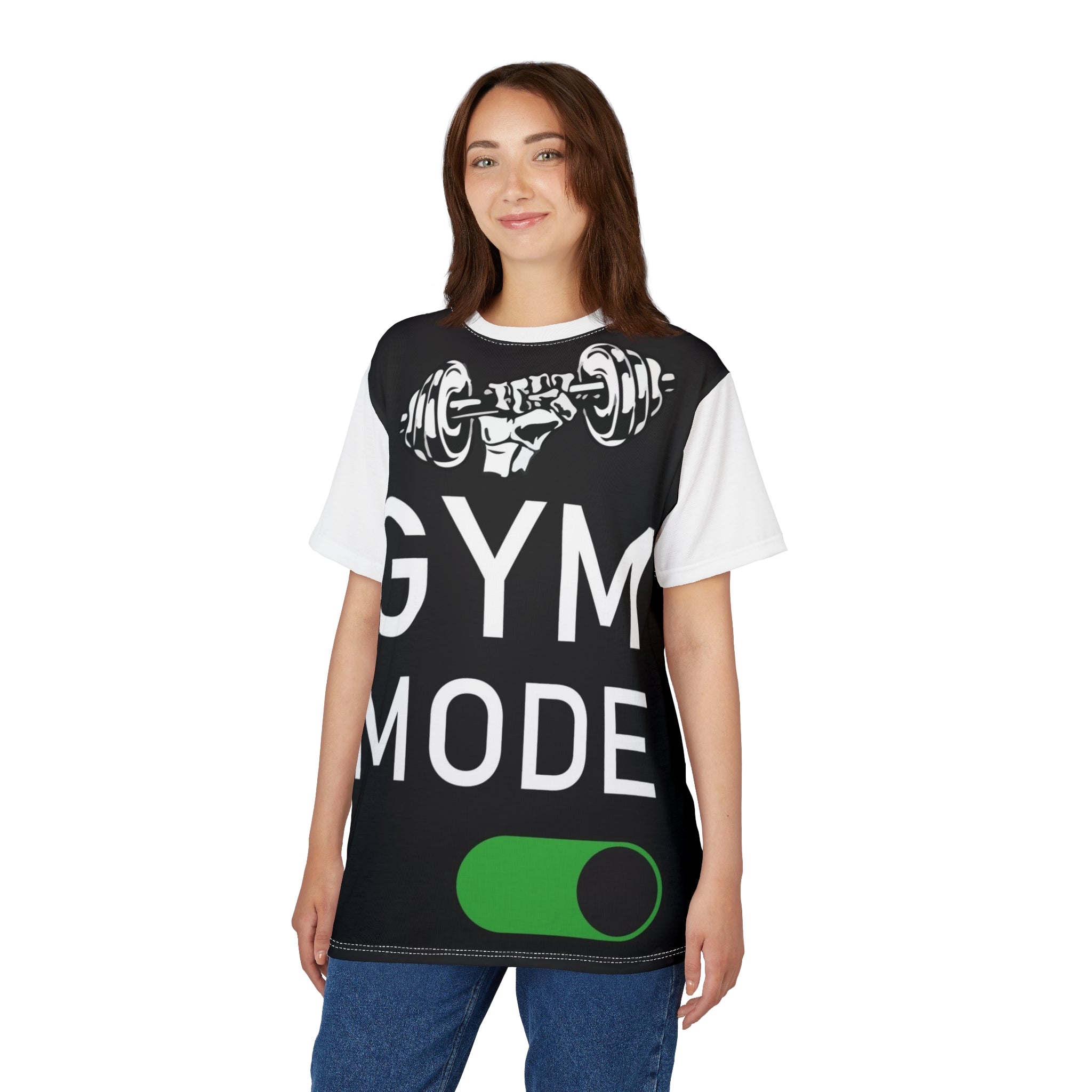 Gym Mode T‑Shirt — Workout Motivation Tee with Dumbbell Graphic