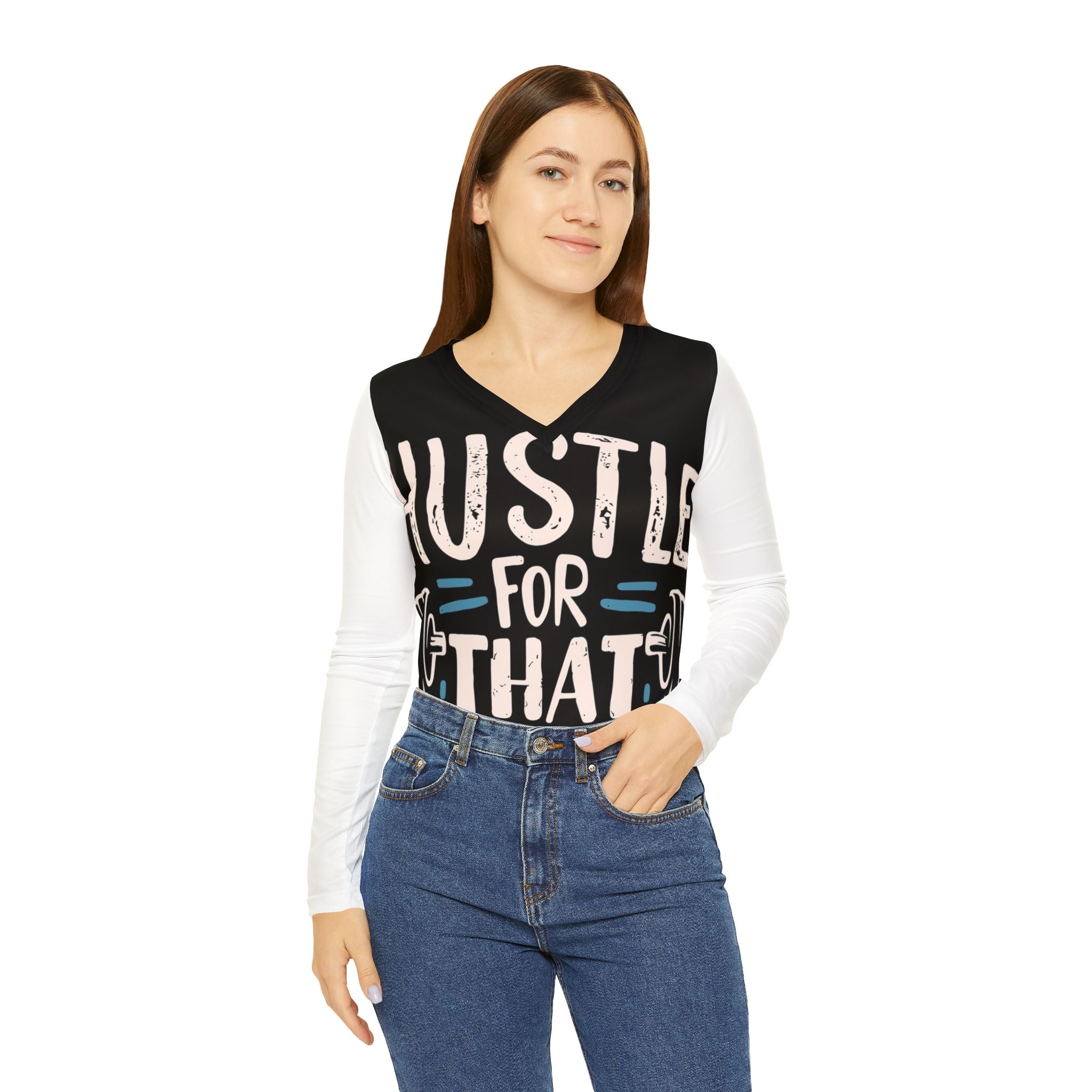 Hustle For That Muscle Women's Long Sleeve V‑Neck Fitness Tee