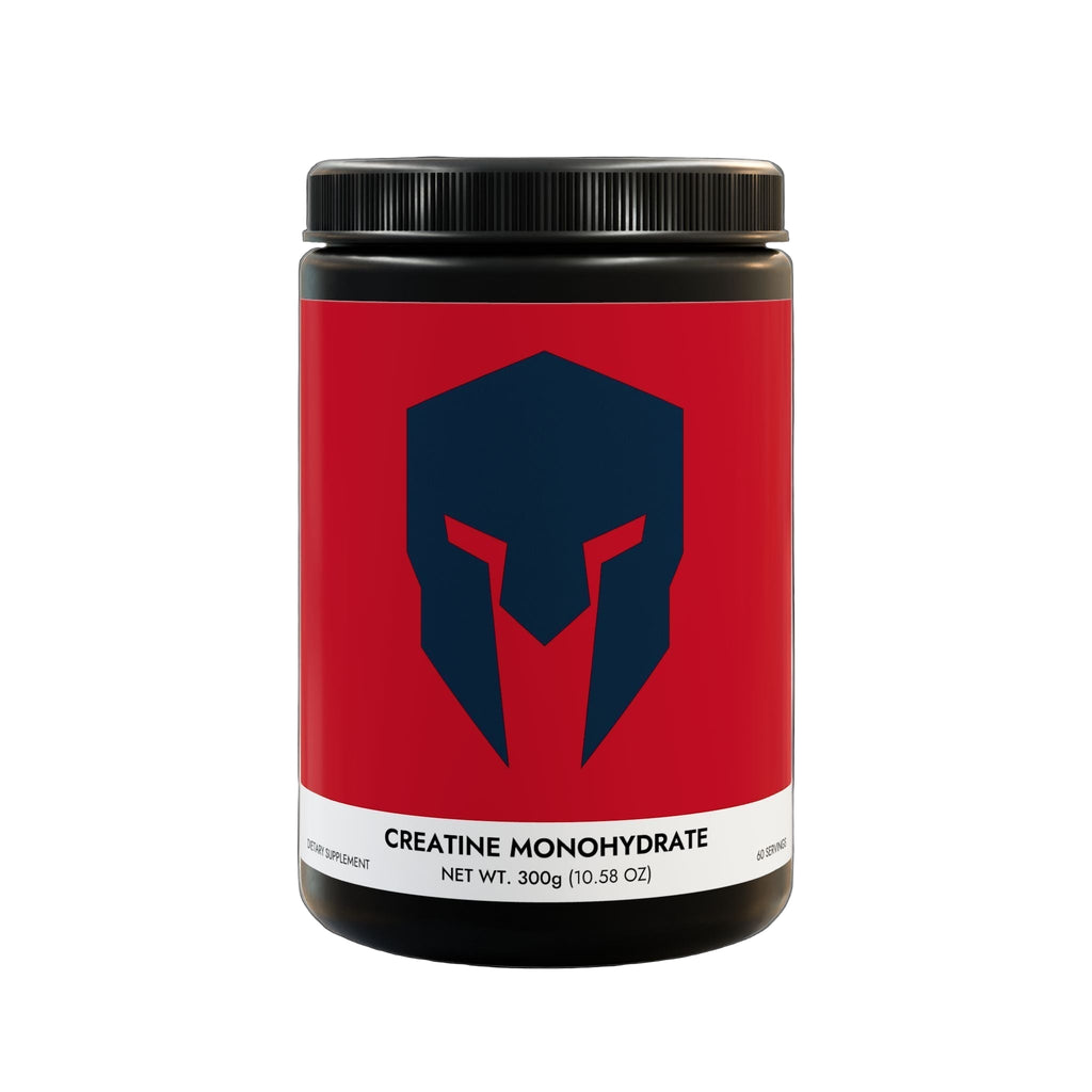 Container of creatine monohydrate with a red label and black lid on a gray background