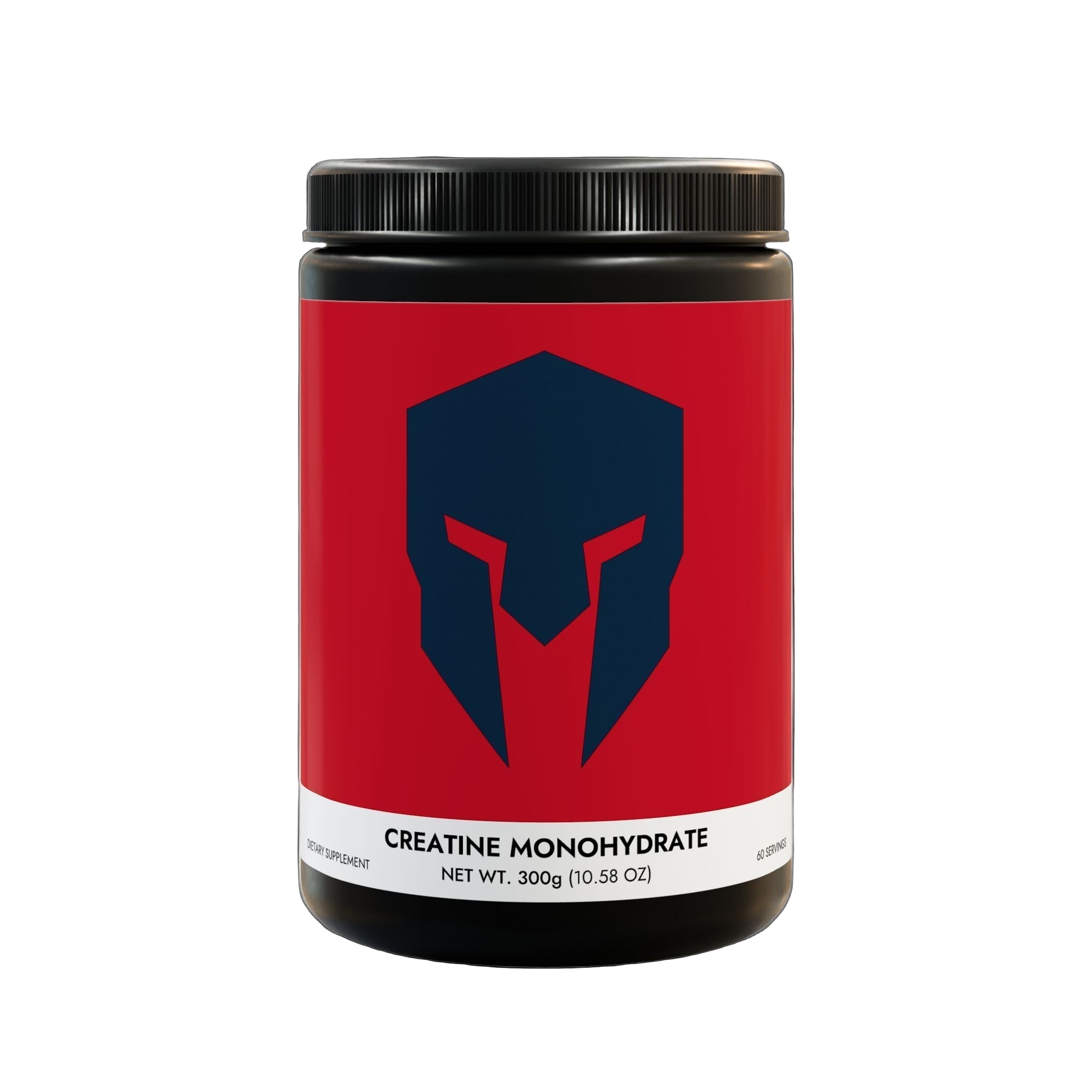 Container of creatine monohydrate with a red label and black lid on a gray background