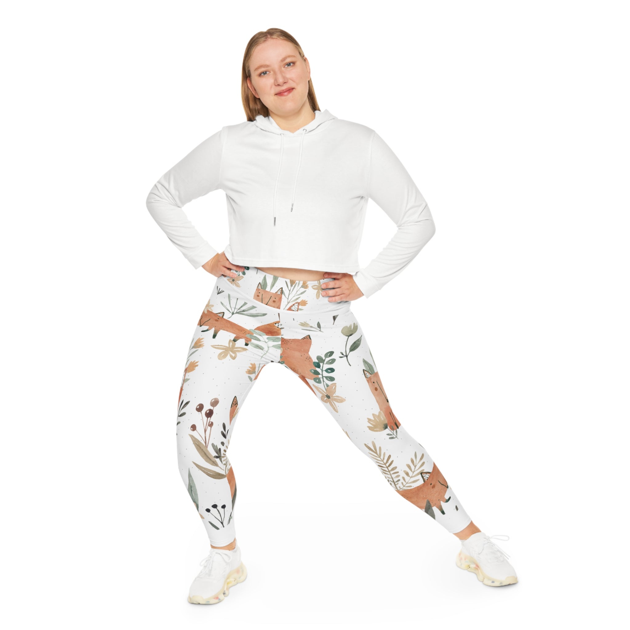 Plus Size Fox Floral Leggings — Cute Watercolor Woodland Print AOP