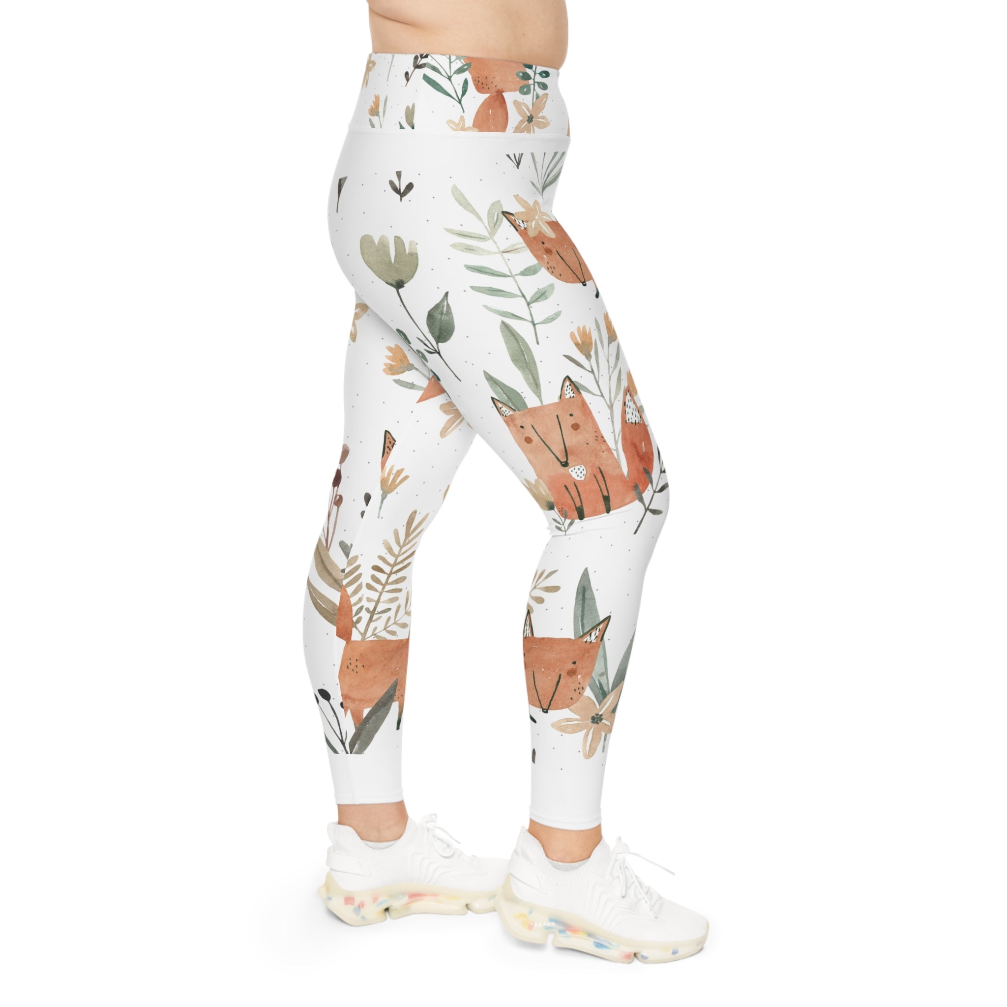 Plus Size Fox Floral Leggings — Cute Watercolor Woodland Print AOP