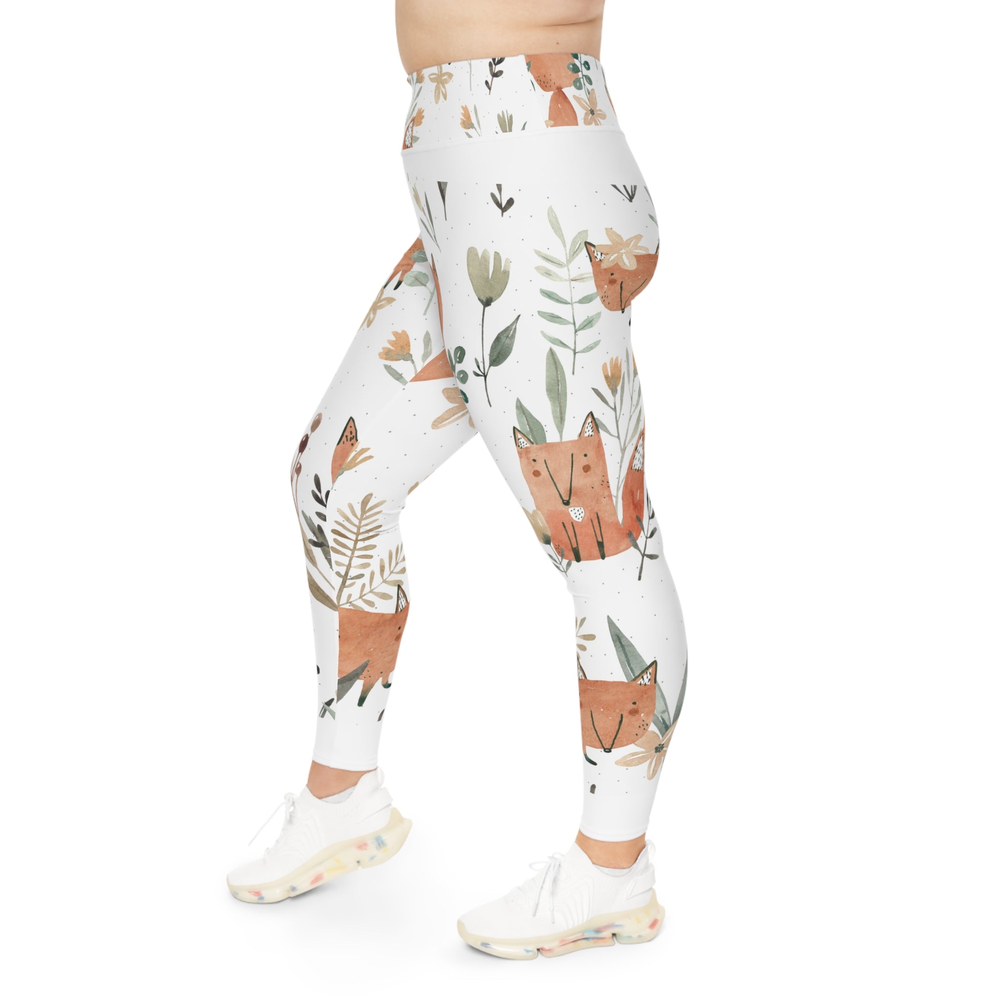 Plus Size Fox Floral Leggings — Cute Watercolor Woodland Print AOP