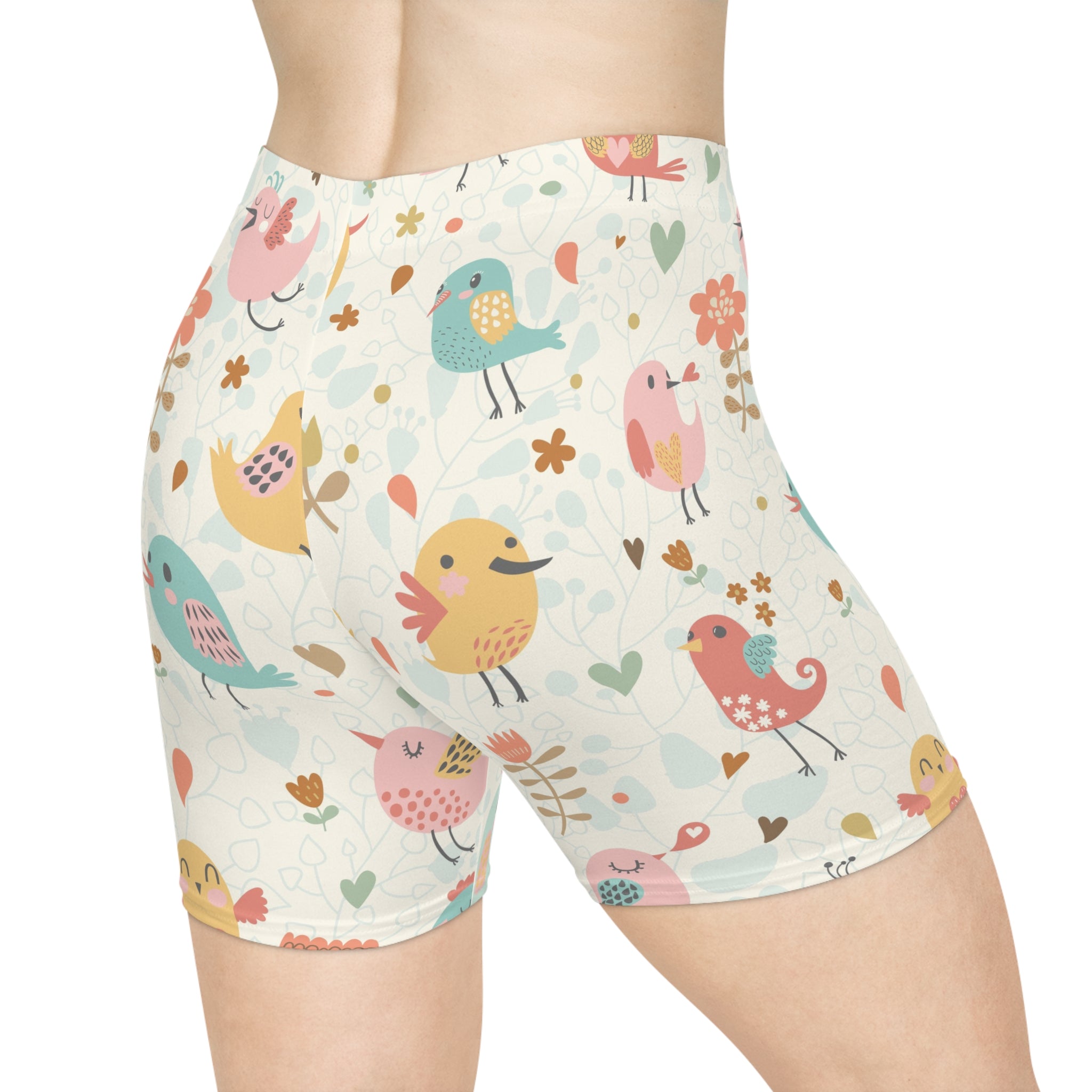 Birdprint Biker Shorts — Cute Pastel Cartoon Birds Pattern