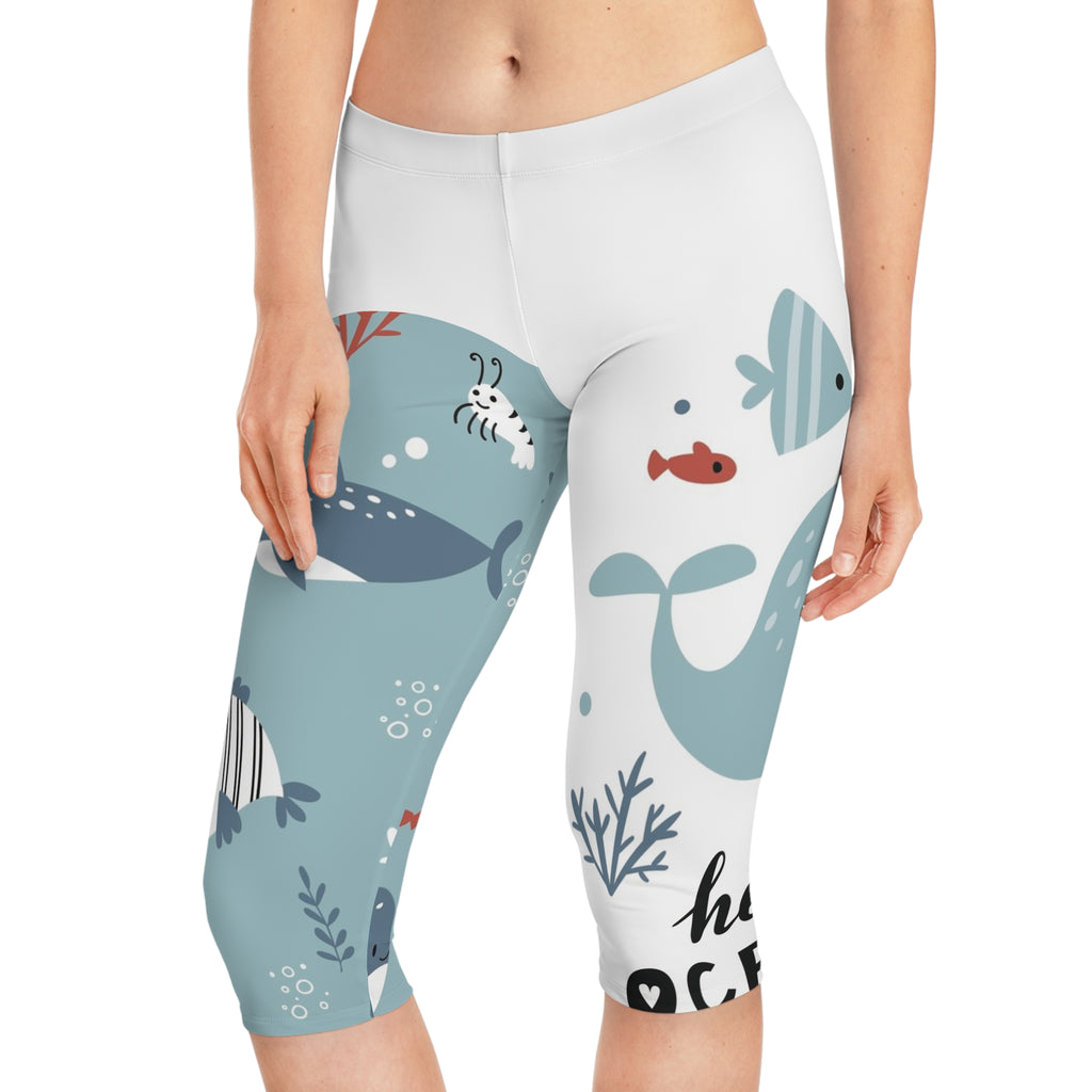 Kids’ Capri Leggings - Cute Ocean Animals “Hello Ocean” Print