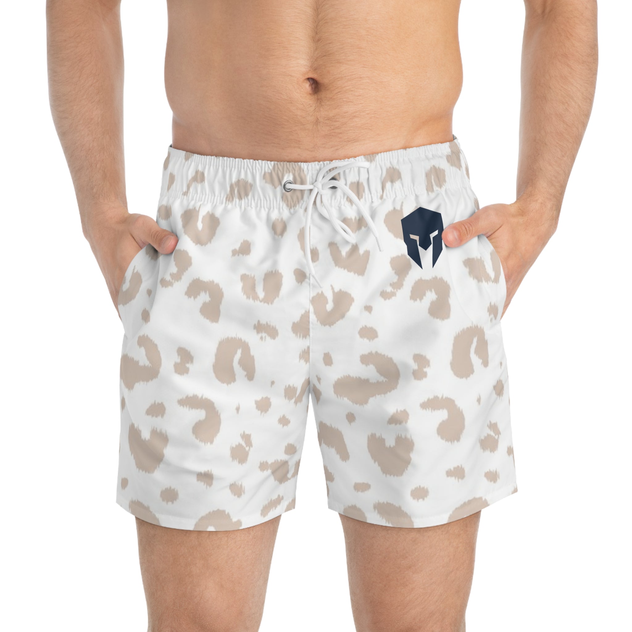 Beige Leopard Print Swim Trunks — All-Over-Print Beach Shorts