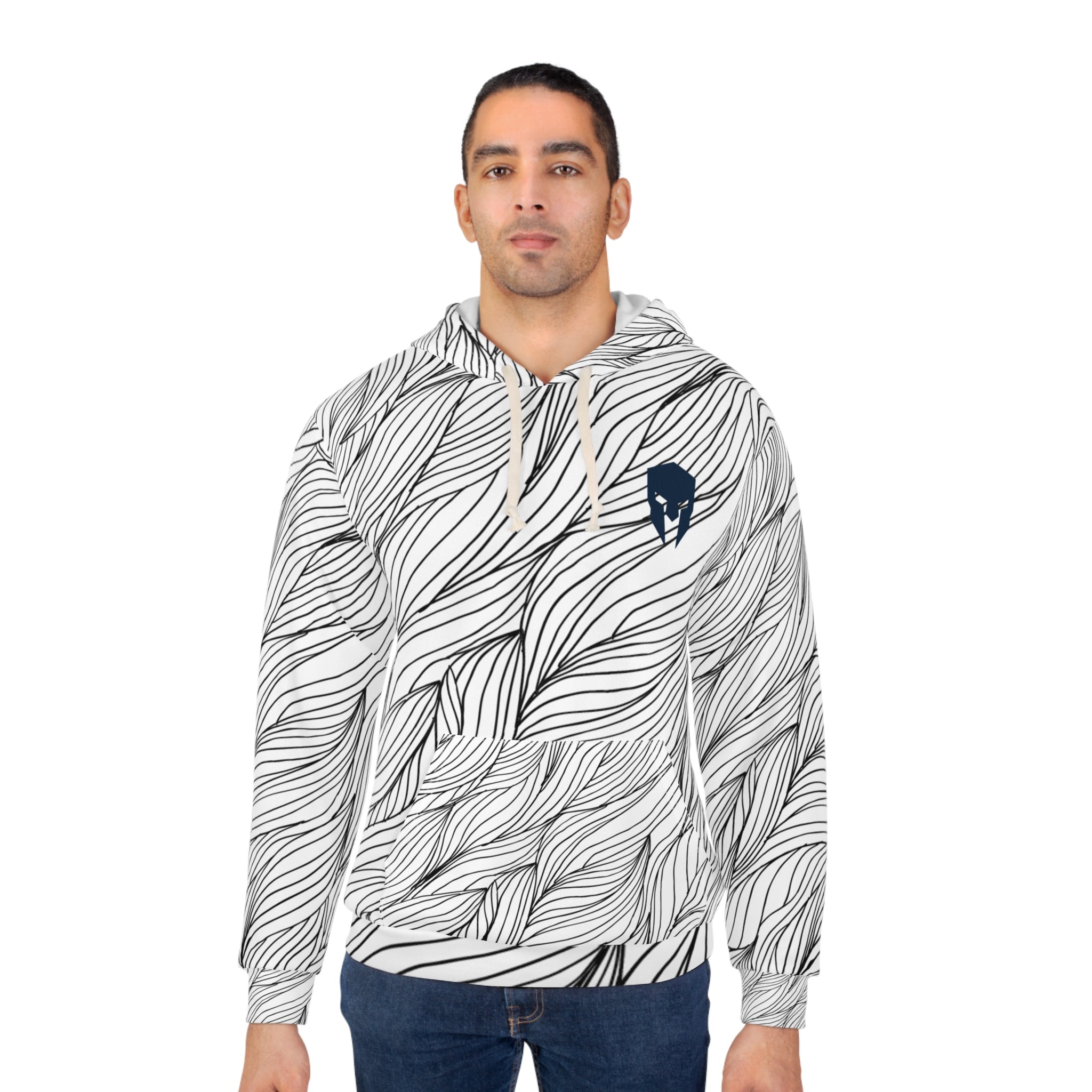 Flowing Line Art Hoodie — Monochrome Wave Pattern Pullover