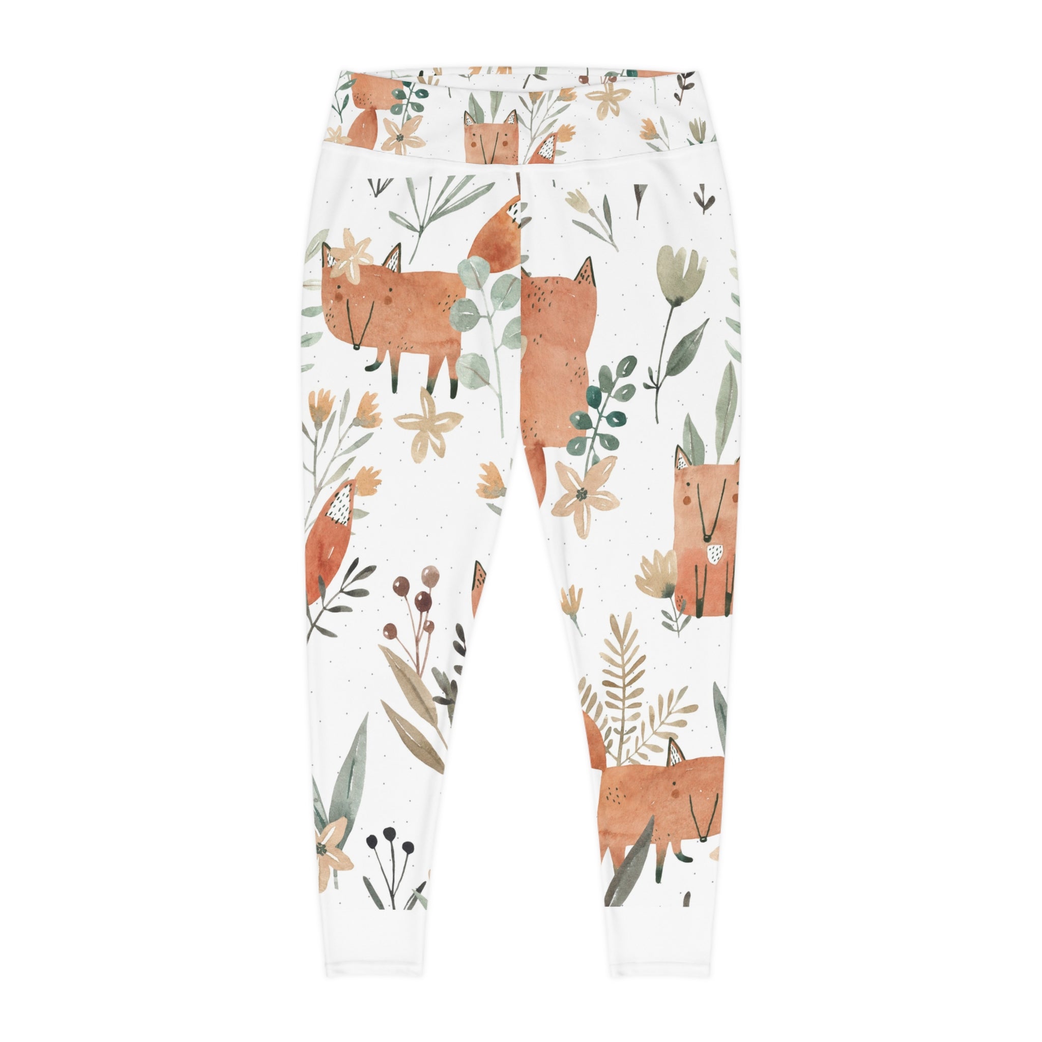 Plus Size Fox Floral Leggings — Cute Watercolor Woodland Print AOP