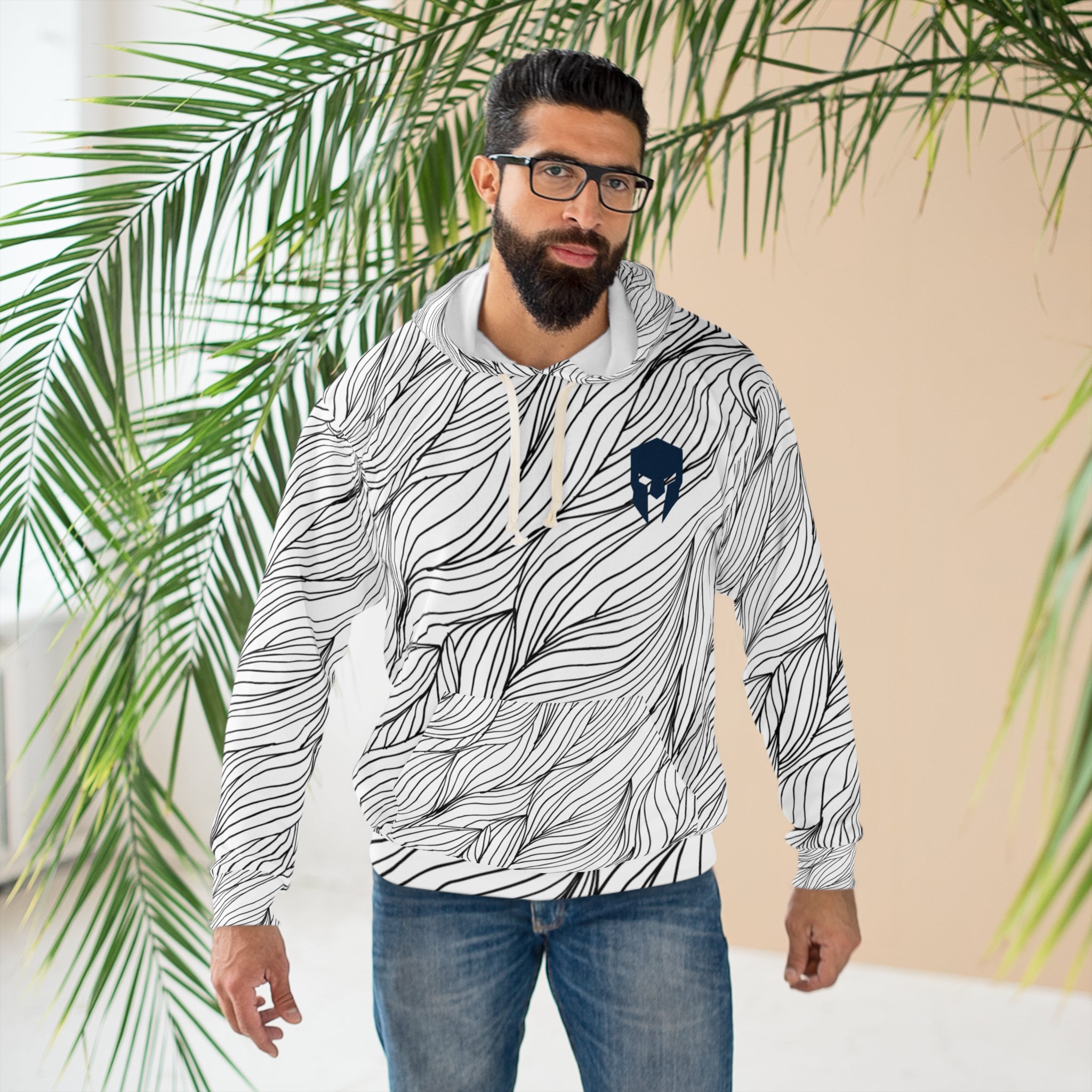 Flowing Line Art Hoodie — Monochrome Wave Pattern Pullover