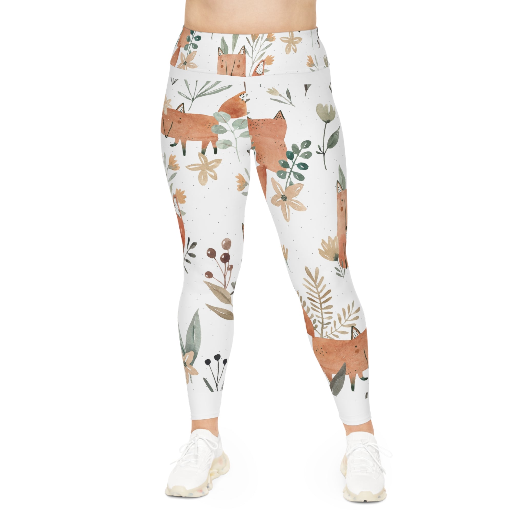 Plus Size Fox Floral Leggings — Cute Watercolor Woodland Print AOP